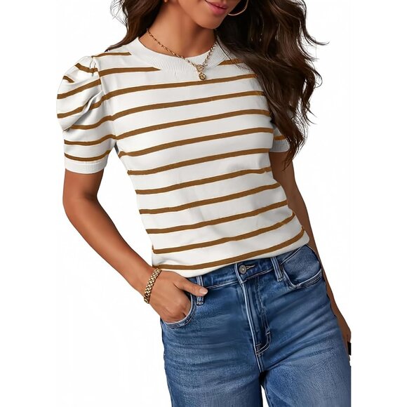 🆕 Women Brown Puff Short Sleeve Knit Top Trendy Crewneck Striped Casual T Shirt - Picture 1 of 6
